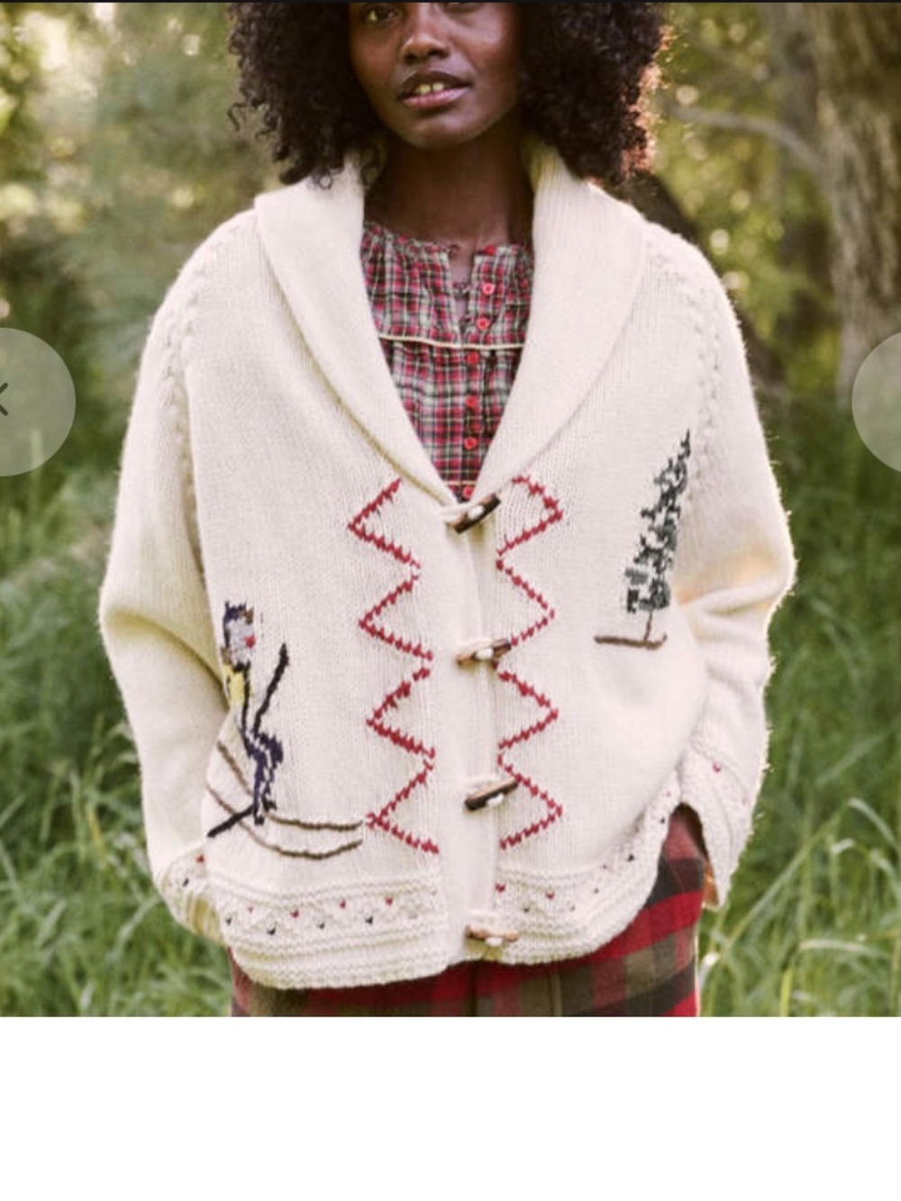 THE GREAT. Cream Embroidered Cabin Cardigan with Green Tree Motif